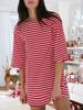 Women's Cotton Striped Mini Dress 3/4 Sleeve Loose Fit with Side Pockets