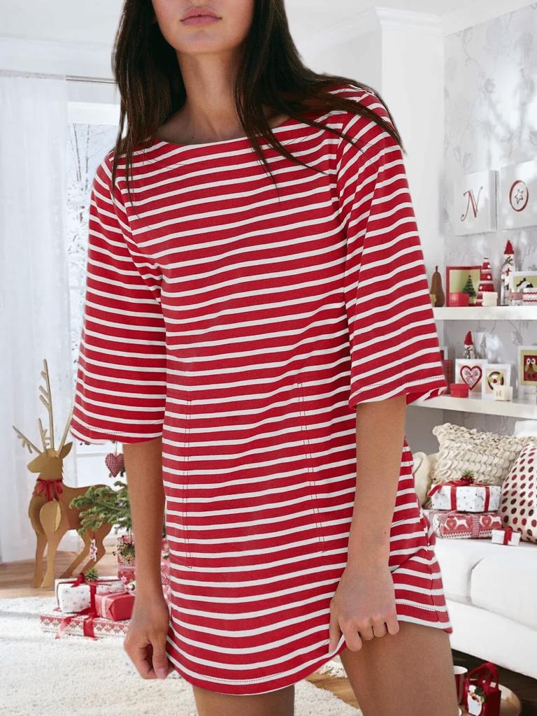Women's Cotton Striped Mini Dress 3/4 Sleeve Loose Fit with Side Pockets