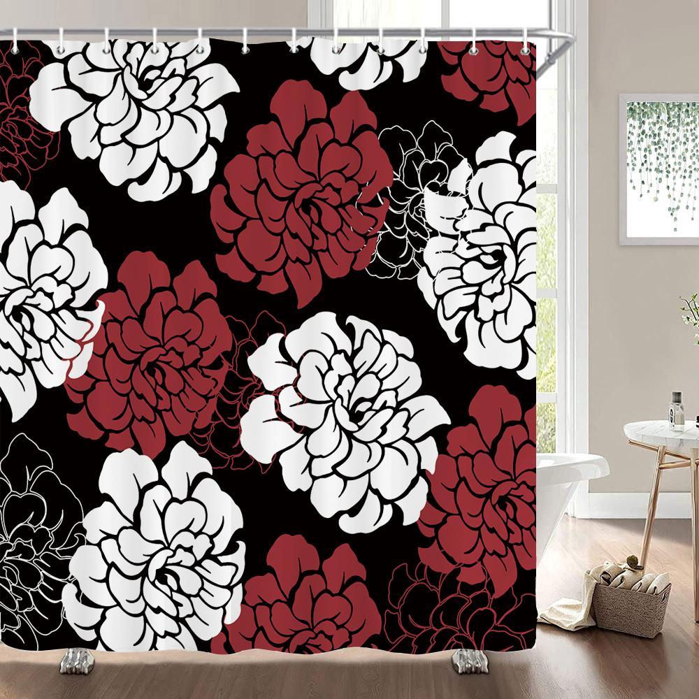 1 Pcs Shower Curtain Flowers Plants Black Printed Bathroom Curtain Polyester Cloth Waterproof Home Decoration Curtain with Hook