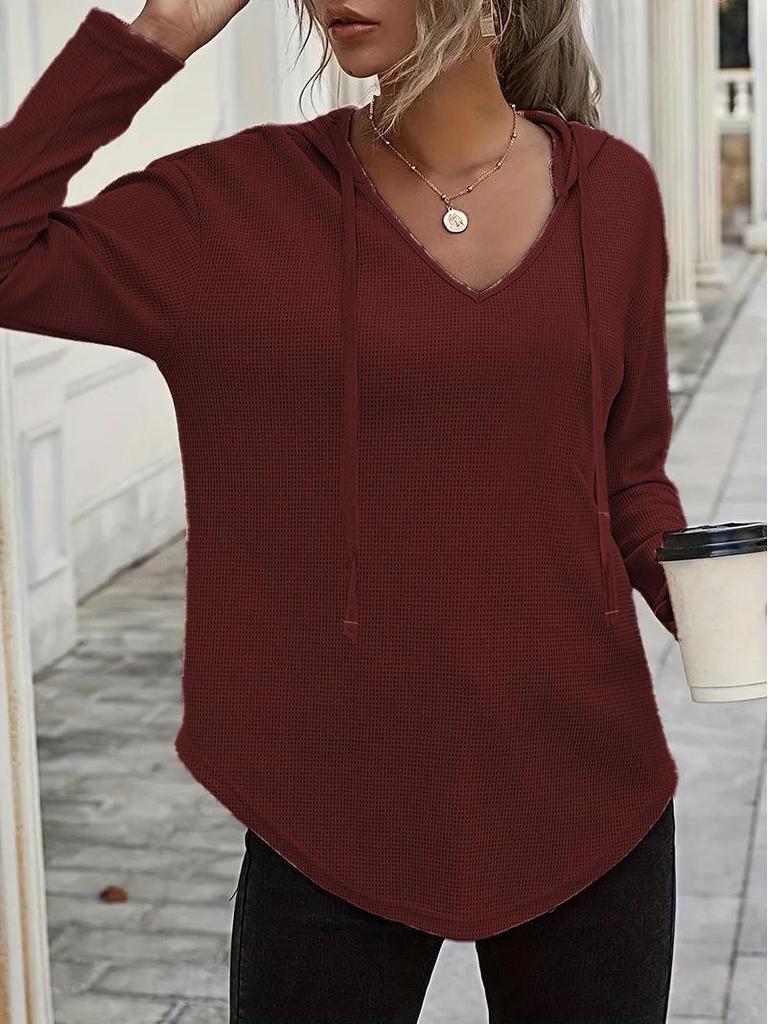 Elegant 2025 V-Neck Women's Hoodie - Soft Long Sleeve Drawstring Sweatshirt