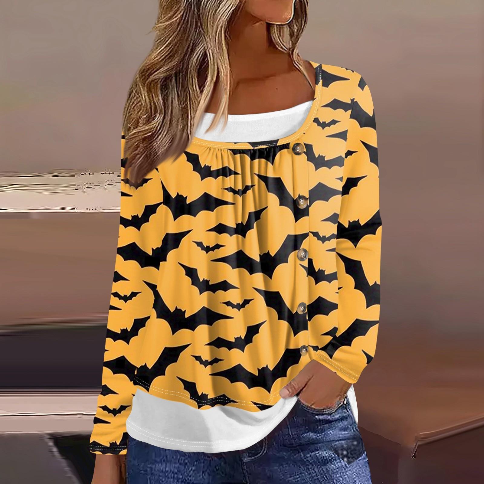

Женская футболка с принтом Хэллоуина, длинный рукав, поддельные две части, повседневная мода на выходные, базовый обычный топ XL жёлтый