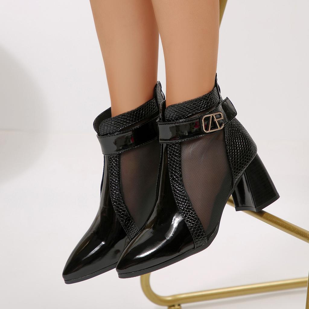 Pantofi cu toc înalt pentru femei, cizme din plasă goală, piele, toc gros, 2025, sandale noi, cizme scurte din plasă, toc mediu, cu vârf ascuțit, cizme cool de modă