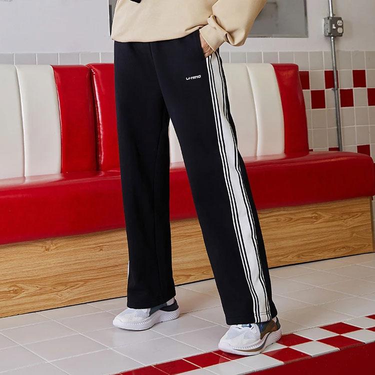 Li Ning Sports Fashion Series Straight Leg Striped Fleece Warm Loose Casual Long Pants Winter Women bottoms Black AKLRC16-3