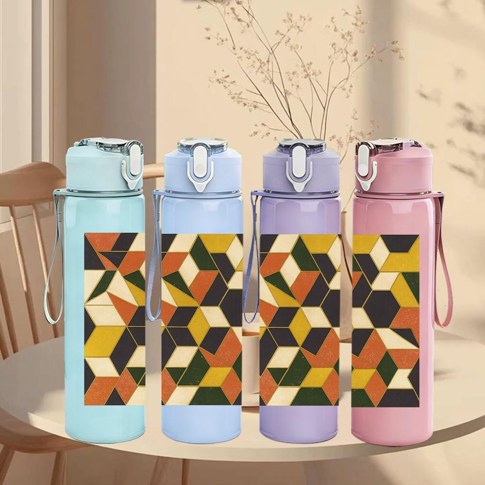 1PC Geometric Color Block Pattern 750ml Color Plastic Sports Water Bottle Leakproof Flip Straw Lid Suitable for Sports Office Home Use