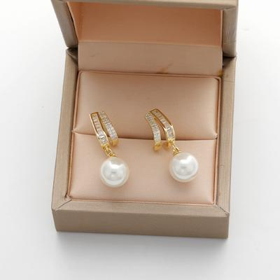 Quality Luxury Zircon Setting White Pearl Dangle 925 Silver Needle Earrings For Women Exquisite Gold Color U Shaped Jewelry