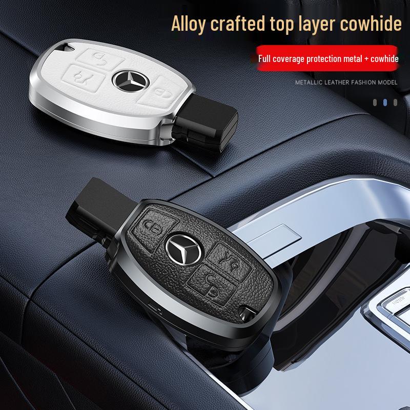 Husă metalică din piele naturală pentru cheie pentru Mercedes-Benz C-Class, E-Class, GLC300L, 260L, E300L, E200
