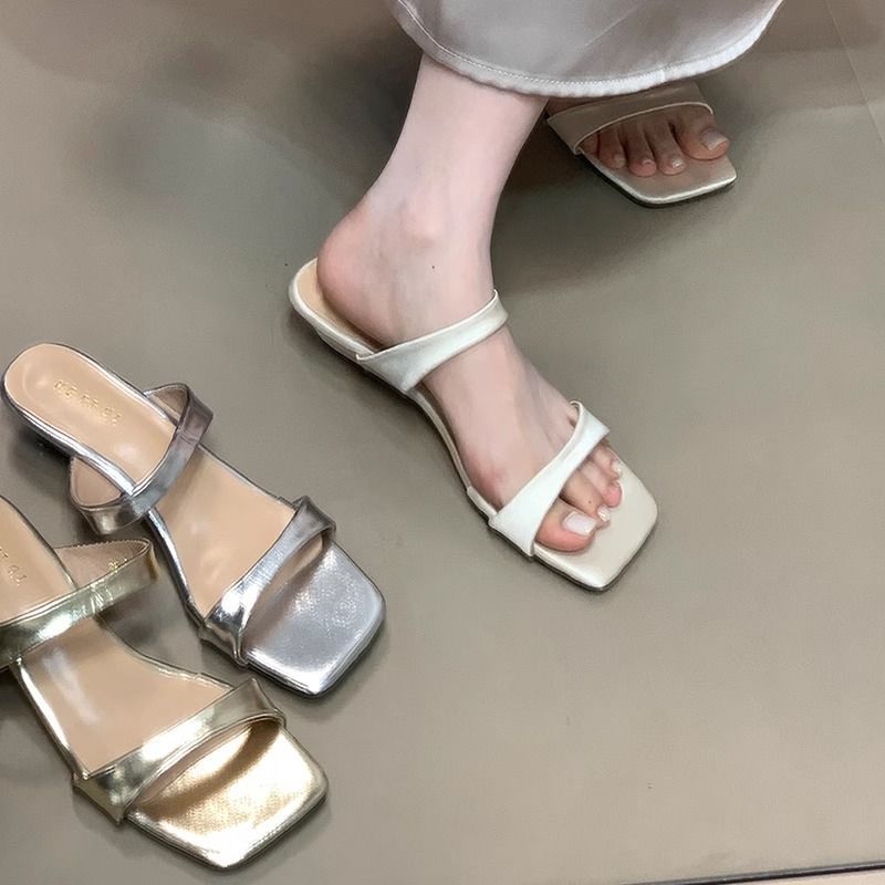 French temperament satin square toe sandals summer 2025 new one-word with casual slope heel cool slippers women