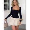 Elegant Fashion Square Collar Splicing A Line Short Dress New Long Sleeve Slim Fit Sexy Party Dress Women Vintage Party Club Sweet Dresses 2683