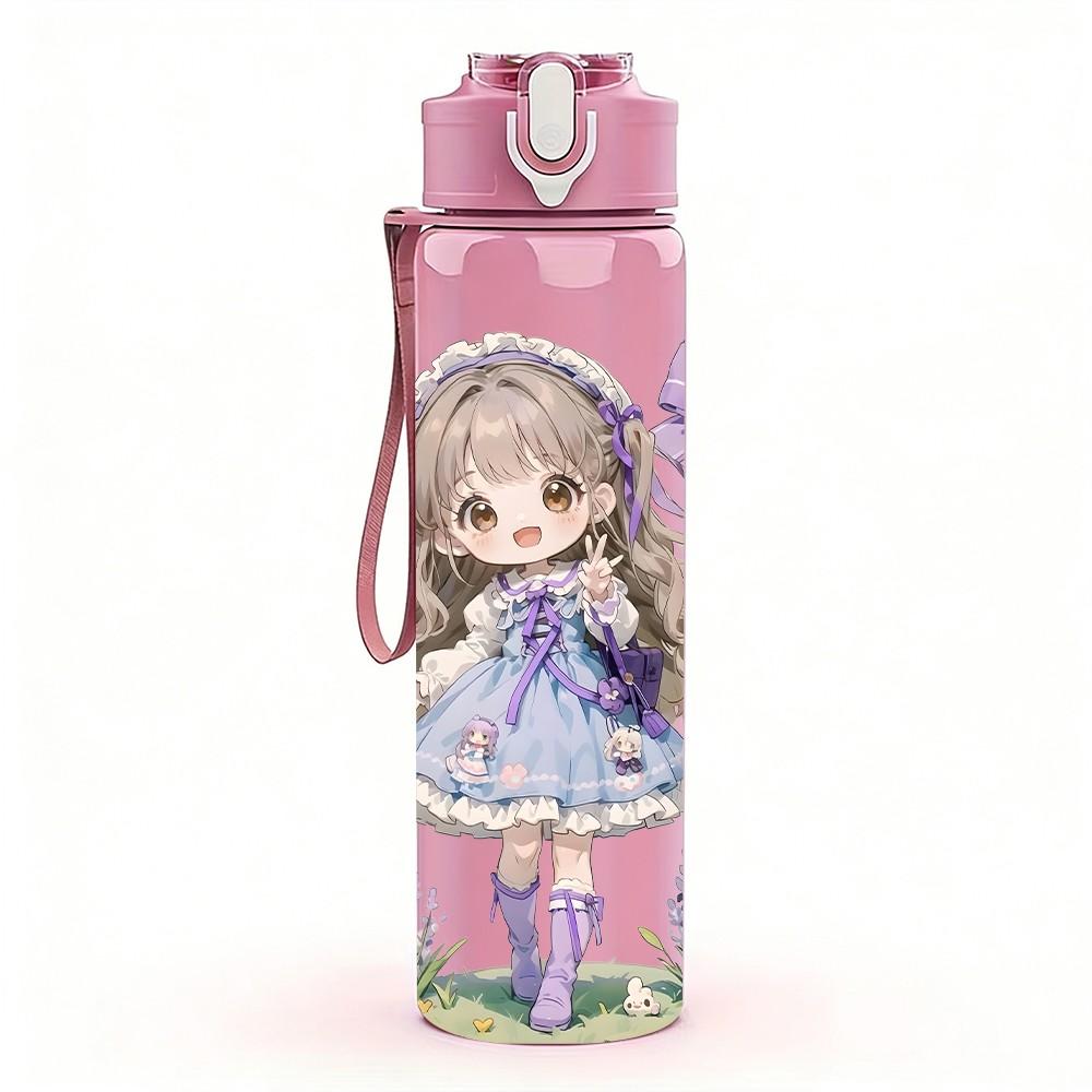 1PC Purple Dress Girl Butterfly Bow Pattern 750ml Color Plastic Sports Water Bottle Leakproof Flip Straw Lid Suitable for Sports Office Home Use