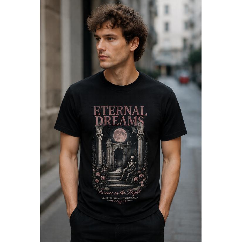 Men s Gothic Graphic Tee Short Sleeve Crew Neck Soft Cotton Blend Eternal Dreams Skeleton Moon Arch Design Casual Streetwear S чёрный