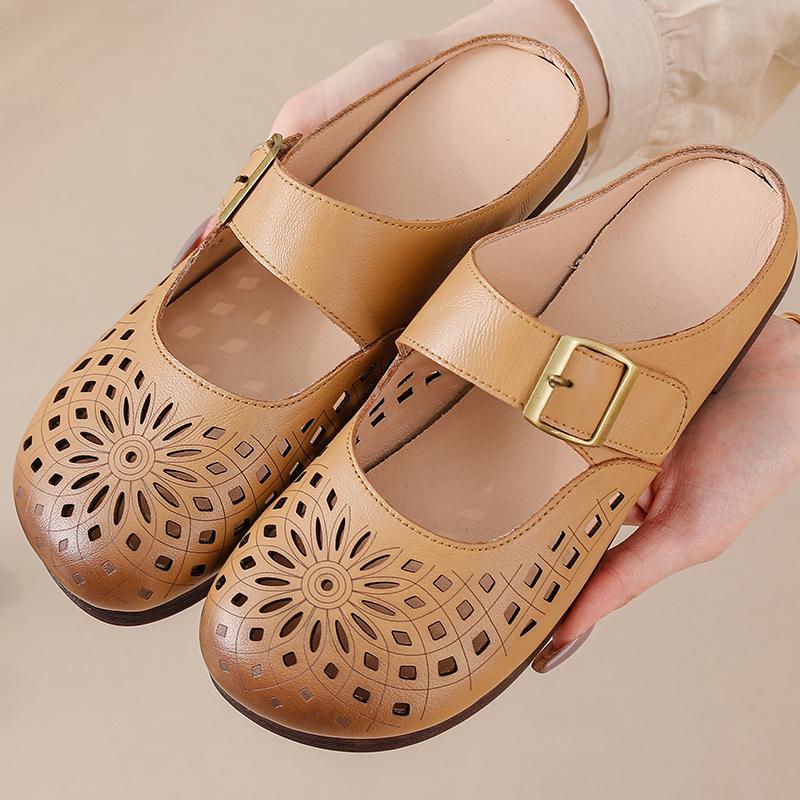 Fashion New Arrival Genuine Leather Sandal Womens Clogs Slip on Mules Closed Toe Sandals Woman Elegant Summer Flats Comfortable Shoe Mom