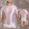 Men T-shirt Thin High Elasticity Round Neck Short Sleeves Slim Fit Good Breathability See-through Glossy Surface Top