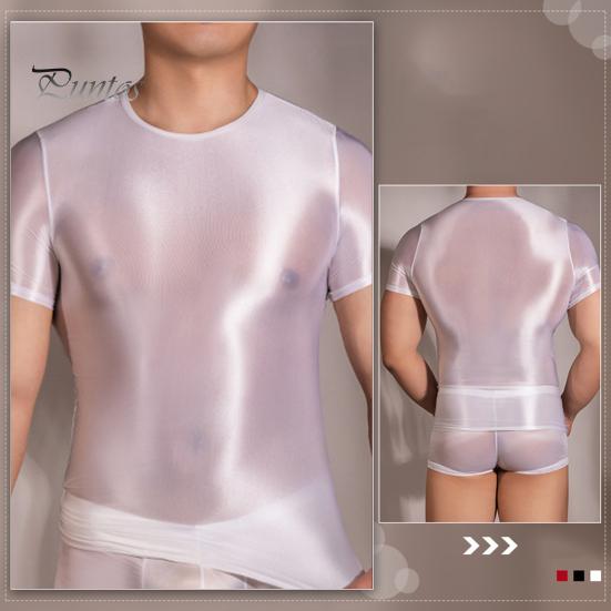 Men T-shirt Thin High Elasticity Round Neck Short Sleeves Slim Fit Good Breathability See-through Glossy Surface Top