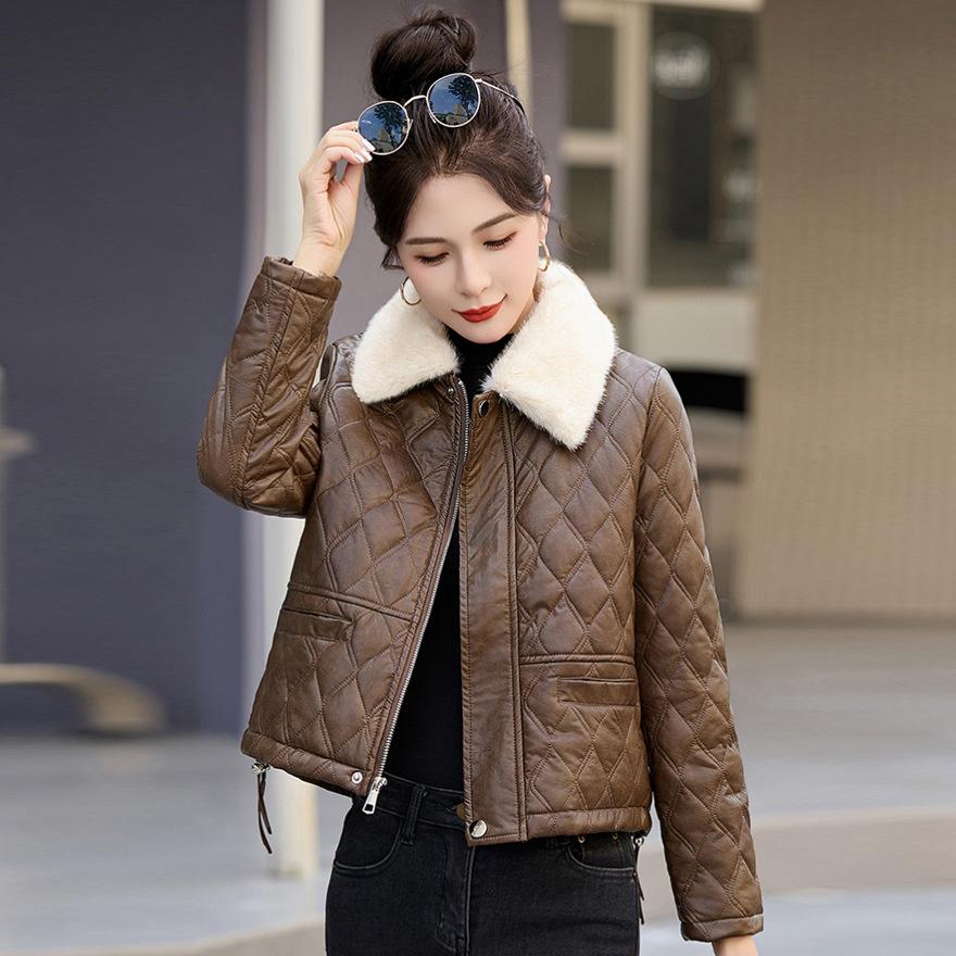 Fleece thickened leather jacket short women's clothing winter new small men wear leather cotton-padded jacket