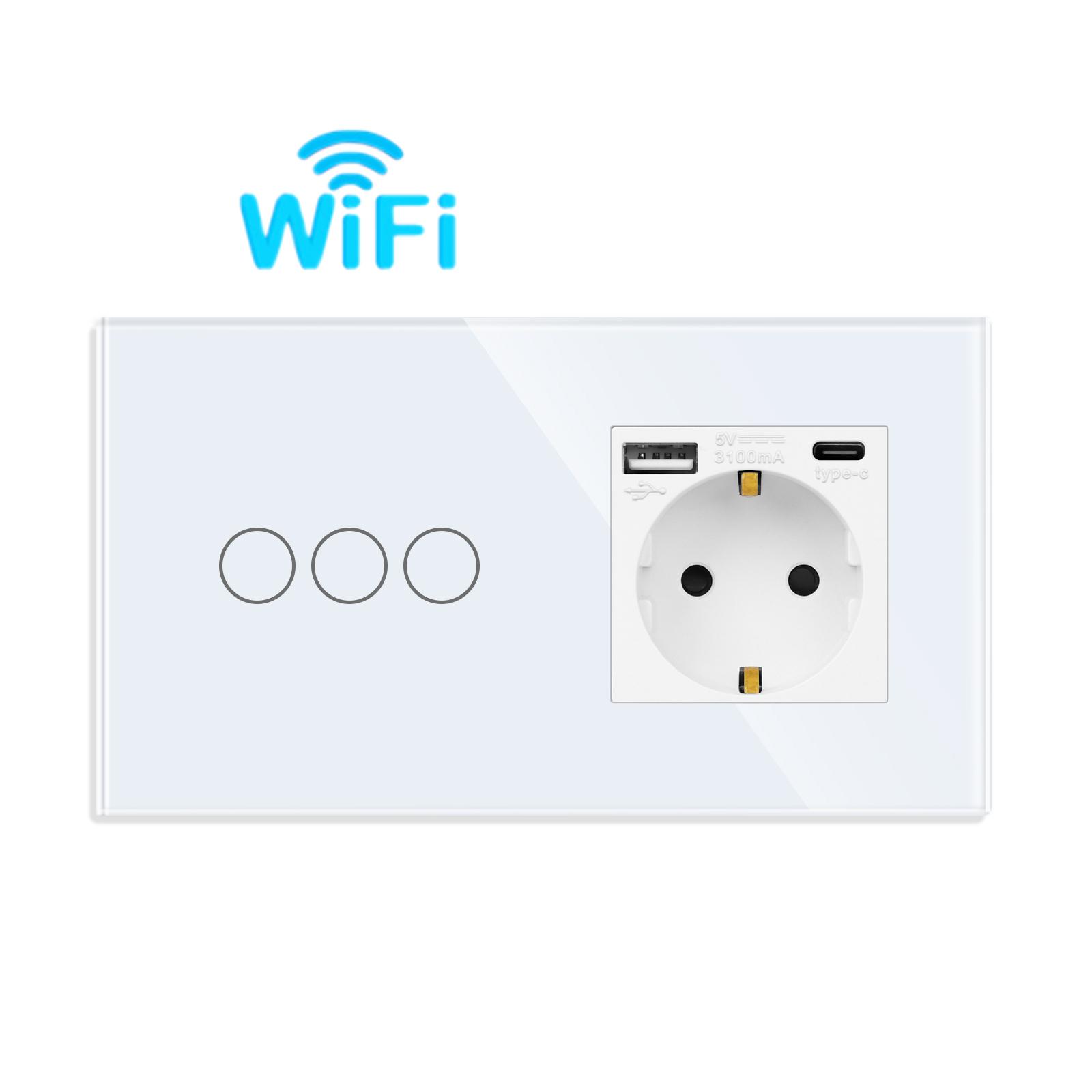 

Tuya Smart Touch Light Switches Plus USB-розетки Type-c Plug Eu Standard Smart Life Google Home Alexa App Control Socket No WIFI-3Gang Type-C Socekt