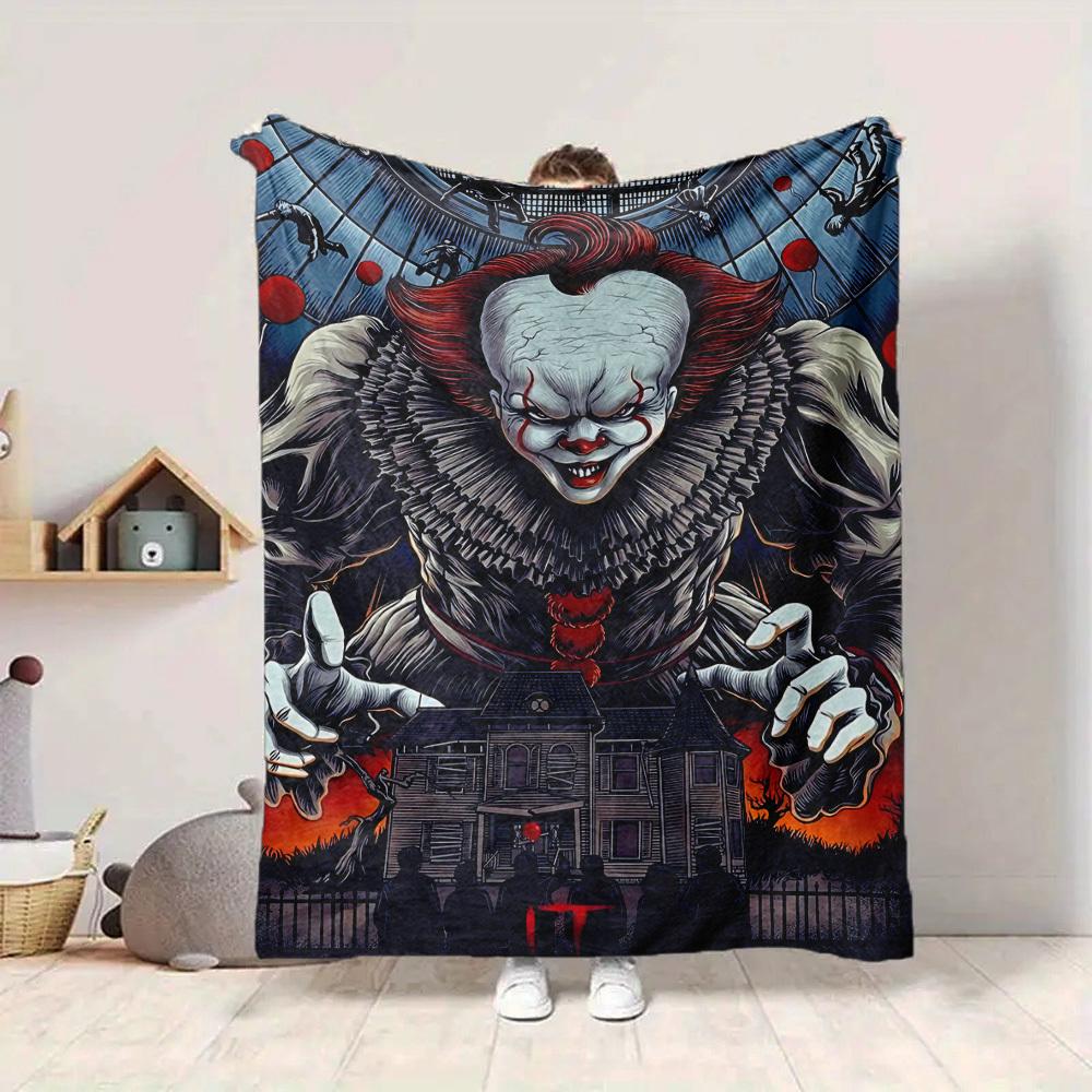 1pc It "Clown" Flannel Throw Blanket - HD Printed Lightweight Soft Warm All-Season Blanket for Sofa, Bed, Travel, Camping 019