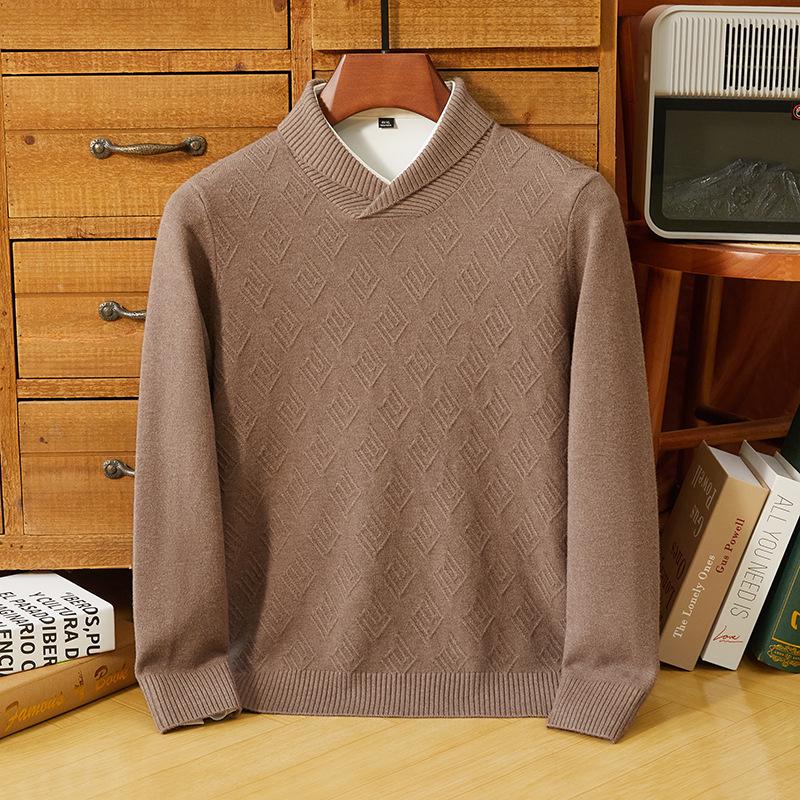 Men s V-Neck Wool Sweater - Shawl Collar, Long Sleeve, Solid Color, Fall/Winter Fashion. L