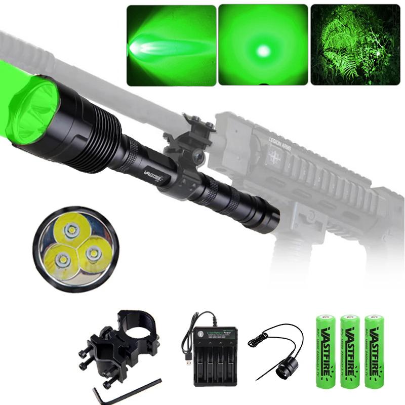 Tactical Flashlight Green/Red/White LED Flashlight 1 Mode Hunting Light Outdoor Lantern +Rail Mount+Remote Switch+USB Charger