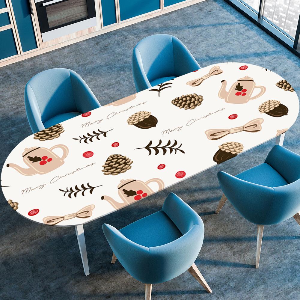 Oval Elastic Coffee Table Cover Flower Printed Rustic Table Cloth Waterproof Oil-proof Dinner Tablecloth 91cmx152cm