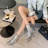 Women Chunky Heels Ankle Boots High-heeled Short Boot New Sliver Pointed Toe Zipper Winter Retro Leather Short Booties