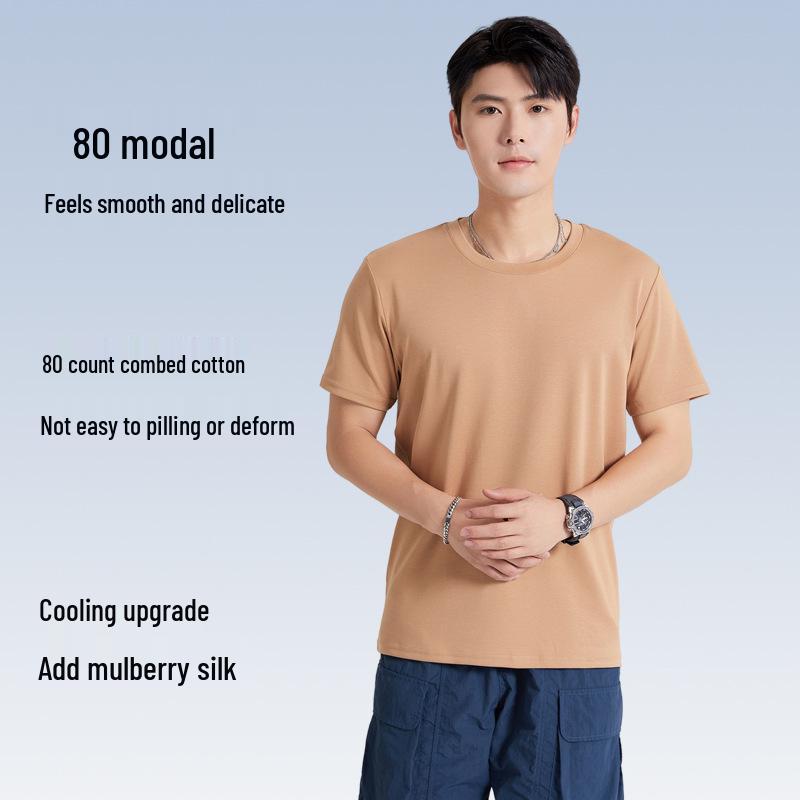 Men's Exclusive Heavyweight Mulberry Silk Cotton Blend T-Shirt - Solid Color, Short Sleeve