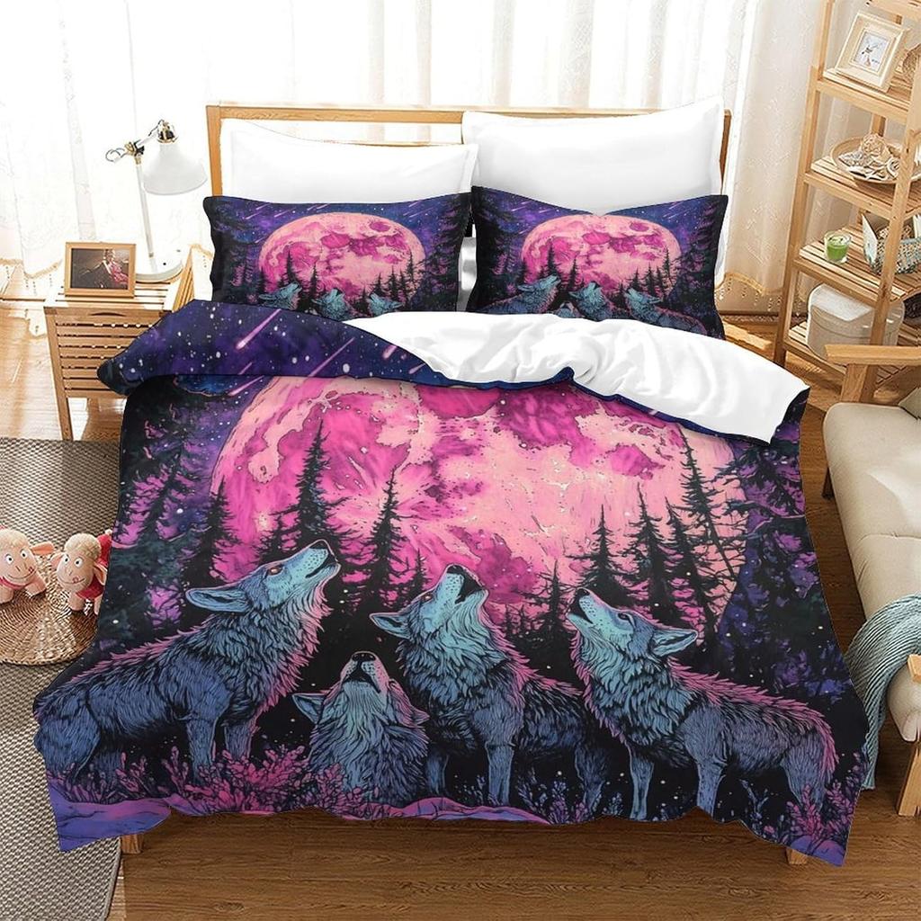 Wolf Duvet Cover Double Microfiber Bedding Set, 3D Print Wolf Duvet Quilt Cover and Pillowcase With Zipper Closure for Kids