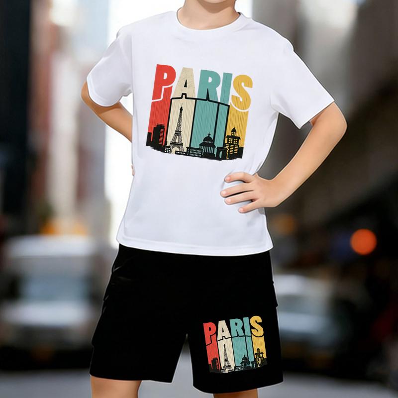 

Boys 2 Piece Paris Impression Themed Print outfit, Short Sleeve T-Shirt and Shorts Set for Kids Age 5-14,Black ,White Sporty Casual Summer Clothes 13-14 Years білий