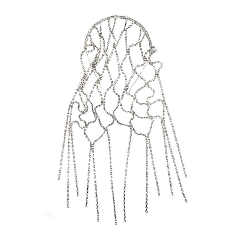 

Длинная цепочка с кисточкой, головной убор, инкрустированный стразами, сетчатый головной убор, сетчатая повязка на голову, вечеринка в стиле Гэтсби серебряный