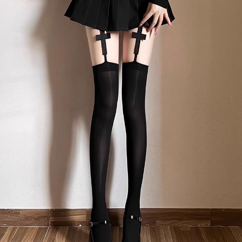 Neue Mode Gothic Kreuz Anhänger Damen Hosenträger Socken Einfarbige Dünne Oberschenkel Hohe Socken Lolita Anime Cosplay Über Knie Strümpfe