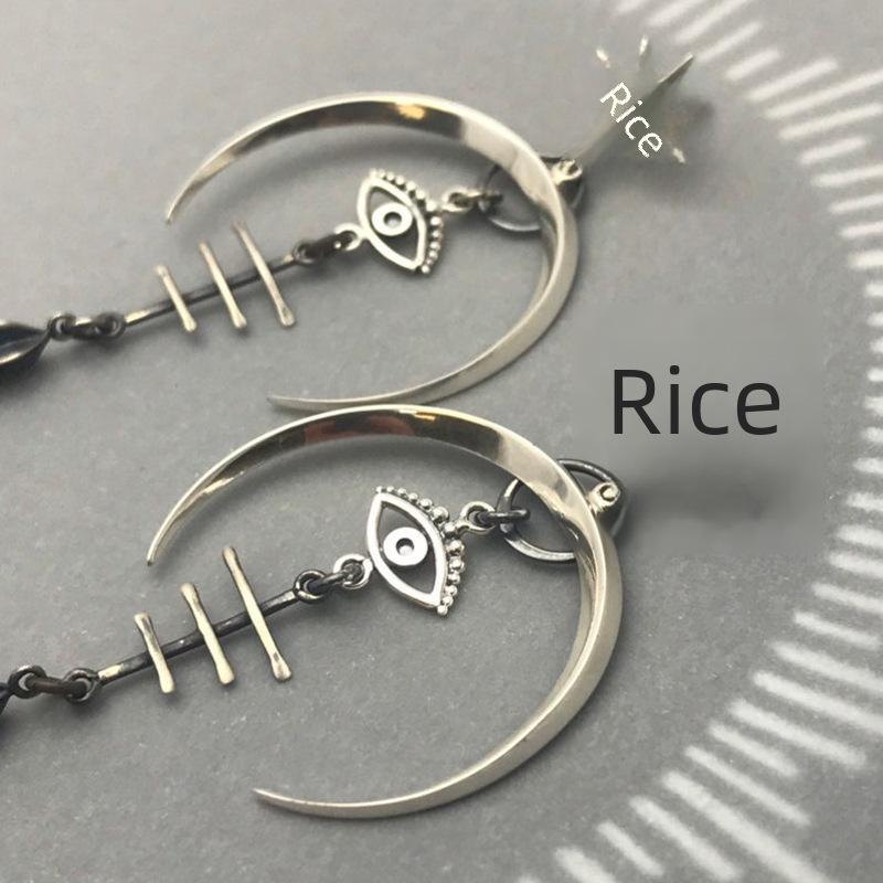 Gothic Punk Demon Eye Moon Earrings - Ancient Silver, Halloween Accessory, Long Metal Design