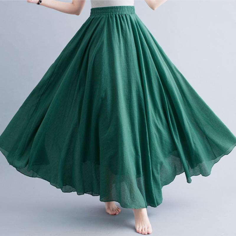 Women's Literary and Artistic Skirt Elastic Waist Linen A-line Skirt Long Solid Color Ethnic Style  Big Swing Skirt