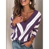 Autumn Winter Striped Patchwork Loose Casual Sweater Women V-neck Vintage All-match Pullover Knitting Top