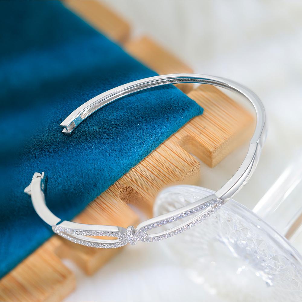 High-End S925 Silver Plain Bangle With Sparkling Zirconia Stylish Women Cuff Bracelet