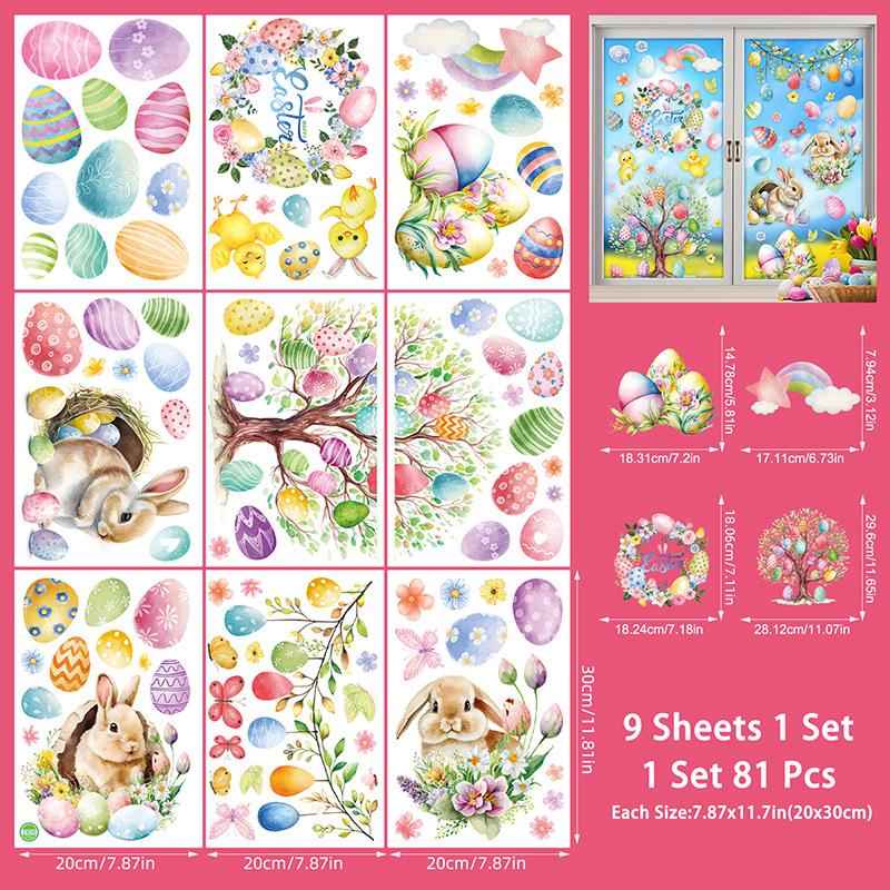9 Sheets Cute Rabbits Easter Window Stickers PVC Electrostatic Bunny Home Decor Glass Decals Reusable Easter Party Decorations