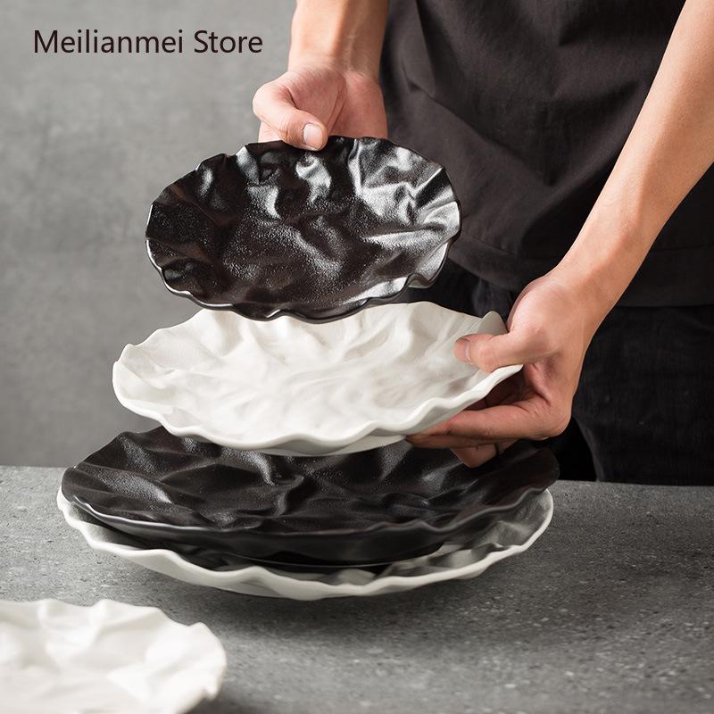 White Ceramic Plate Pleated Flat Plate Restaurant High-end Dessert Plates Creative Tableware Ceramic Dinner Black Plates
