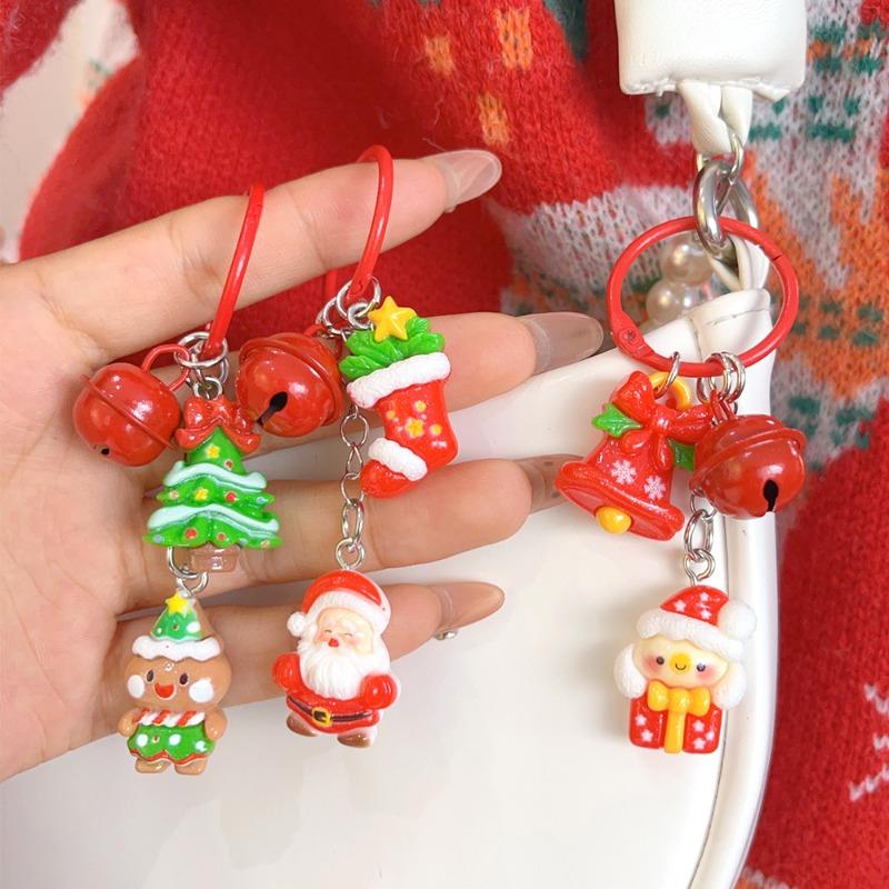 Korean Cartoon Santa Claus Snowman Girls Multi-color Resin Christmas Bell Keychains Bag Pendant New Year Christmas Gifts Keyring