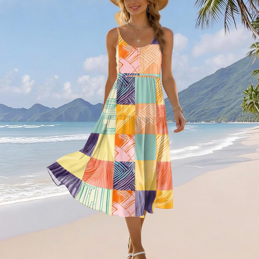 Women's Summer Fashion Printed Pocket Adjustable Shoulder Strap Bohemian Leisure Beach Resort Strap Dress