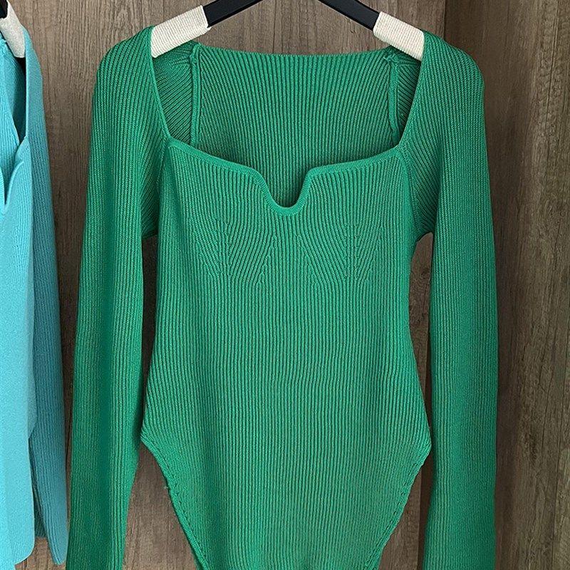 Square Collar Long Sleeve Woman Sweaters Knitted Pullover Wo