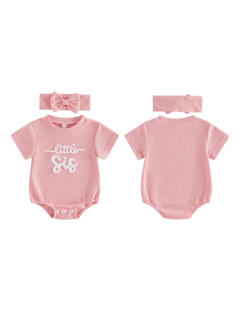 Infant Girl 2-Piece Summer Set with Short Sleeve Romper and Matching Headband Adorned with Embroidered Letters Perfect for