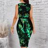 Women Plus Size Crew Neck Sleeveless Midi Dress Black Base Large White Daisy Floral Print Bodycon Dress