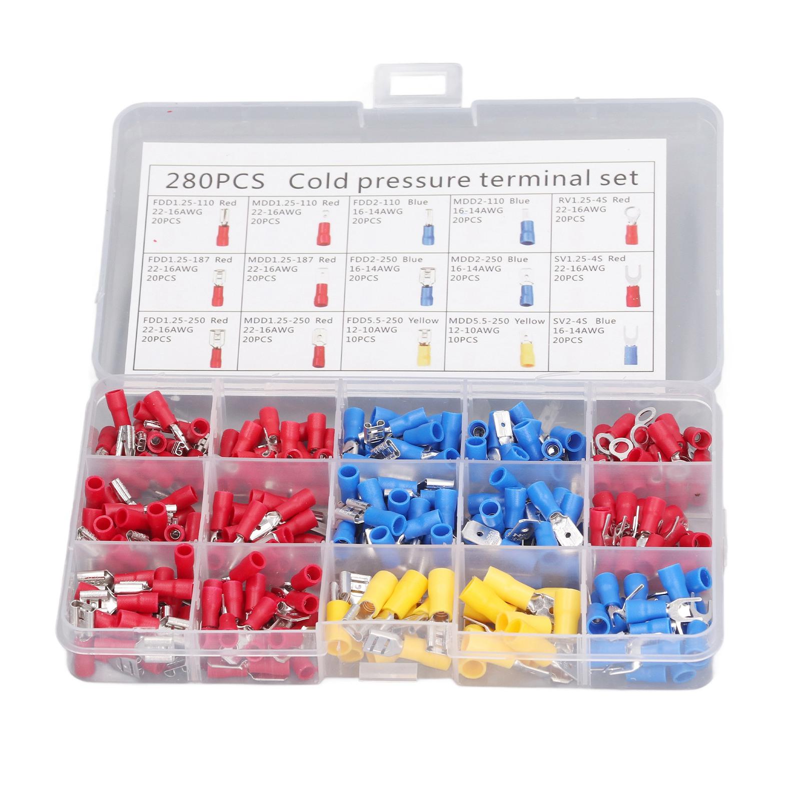 

280Pcs Cold Pressed Terminal Brass Core Insulated Sheath Good Conductivity Ring Fork Terminal Kit