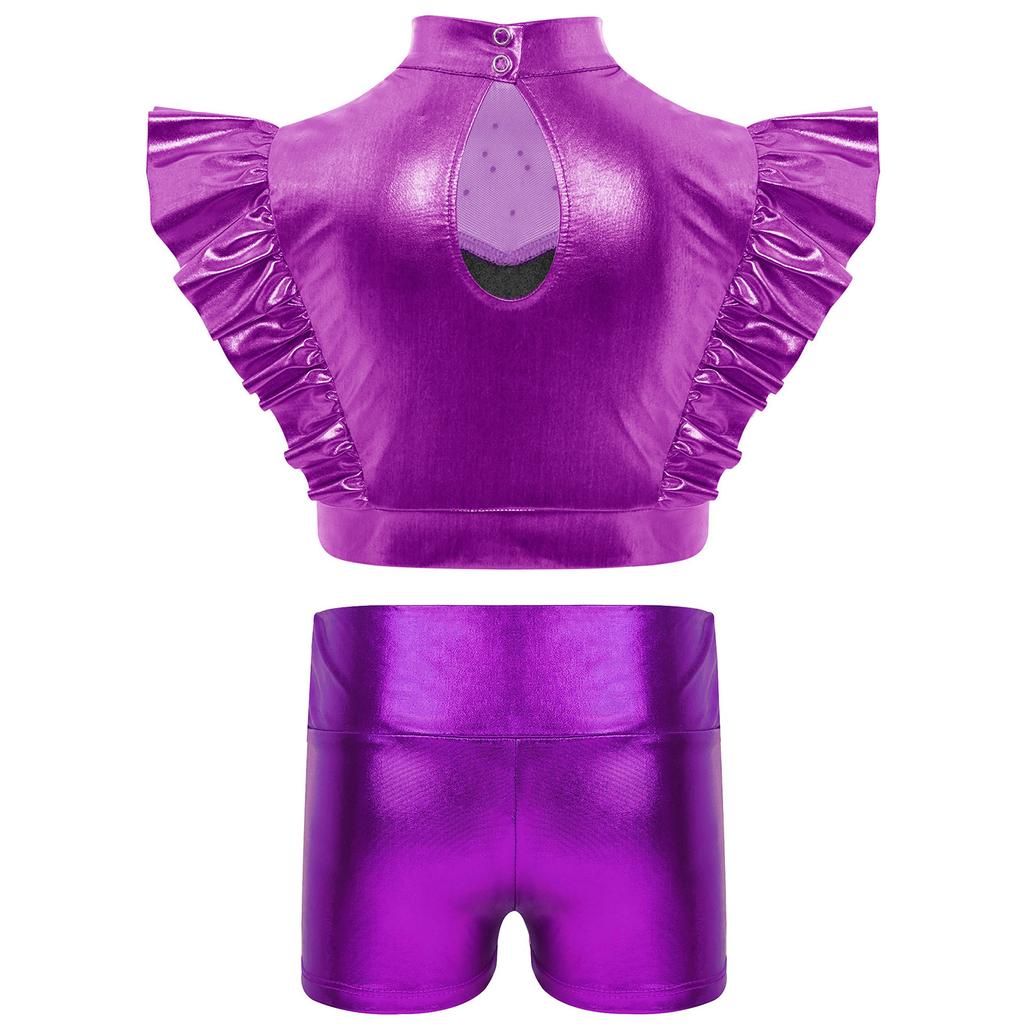 Dětský třpytivý taneční outfit s kamínky, s vysokým límcem, bez rukávů, kovový volánkový top a odpovídající lesklé šortky pro jazzovou soutěž