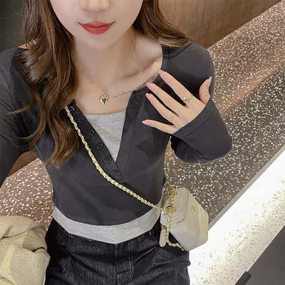 Factory Autumn and Winter Front Shoulder V Neck Fake Two-piece Base Shirt for Women New Contrasting Color Inner Slim and High-end Long-sleeved Top