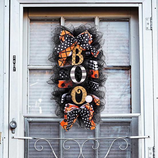 Halloween Swag Wreath for Front Door Scary Mesh Ribbon Boo Swag Garland with Bow for Party Wall Porch Decor