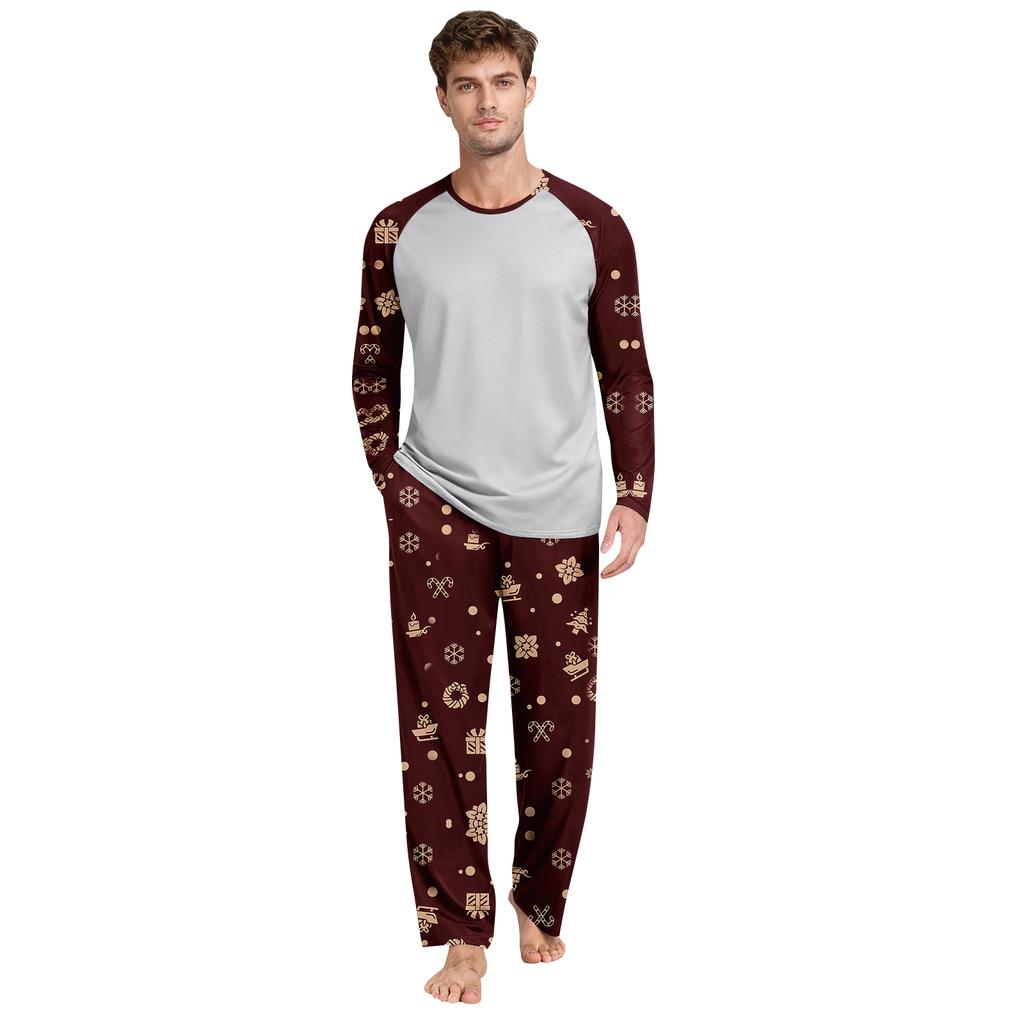 Men's Printed Round Neck Top Casual Comfortable Long-Sleeved Pants Pajama Set