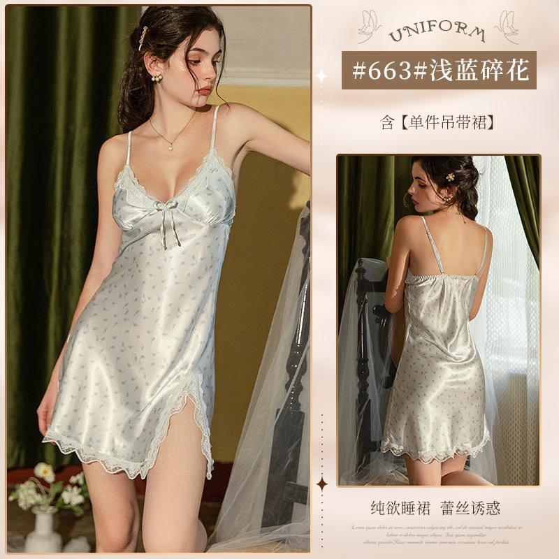 Sexy women's pajamas premium pure lace suspender nightdress with chest pad long-sleeved loungewear set