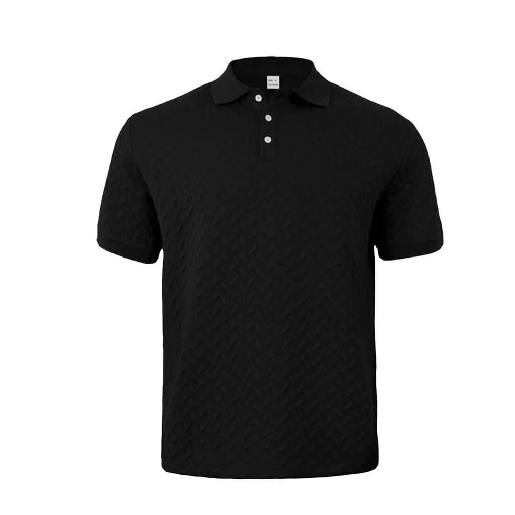 Polo Shirt Solid Color Jacquard Short Sleeved Casual Slim Fit Lapel Shirt for Men