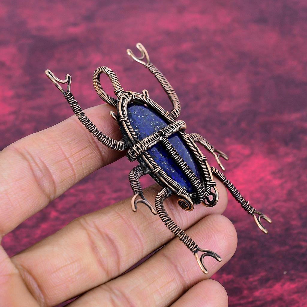 Lapis Lazuli Pendant Copper Wire Wrapped Jewelry Gemstone Pendant Beetle Pendant