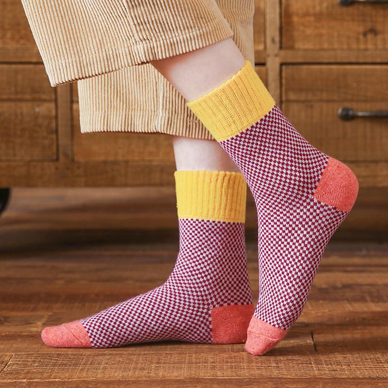 5/10 Pairs Comfortable Casual and Versatile Women's Double Layer Small Checkered Wool Socks Women's Socks Autumn Winter Thickened Warm Socks