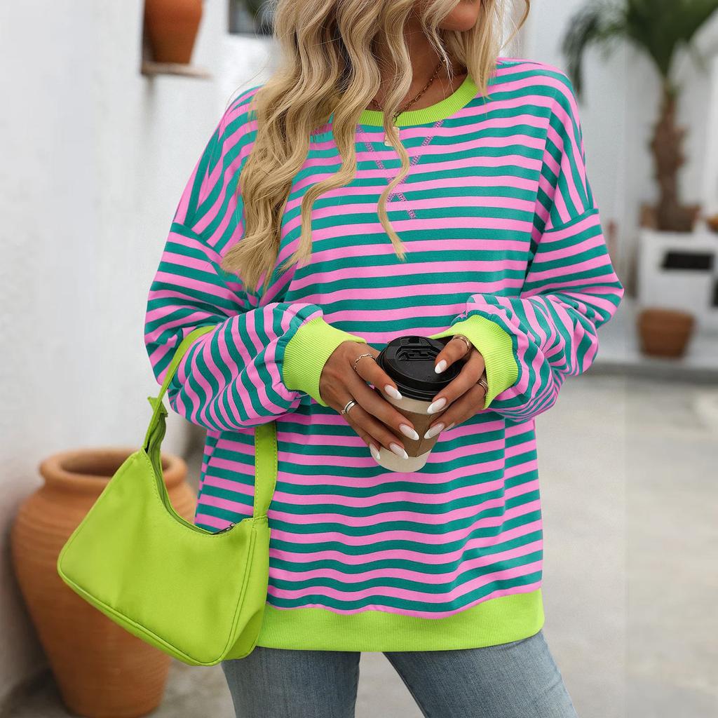 Dámská barevná pruhovaná volná mikina s kulatým výstřihem